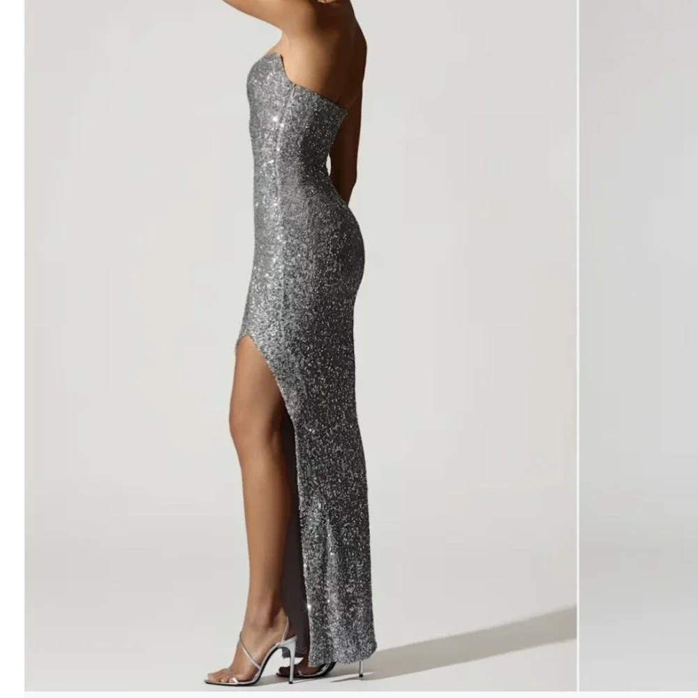 Oh Polly Jasella Embellished Corset Gown Silver Sequin Maxi Dress Sz 14 NEW Prom
